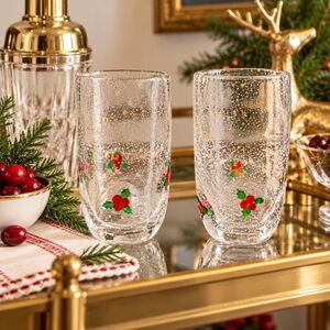 2 Williamsburg Artland Holly Days Hand Blown Highball Glasses Christmas